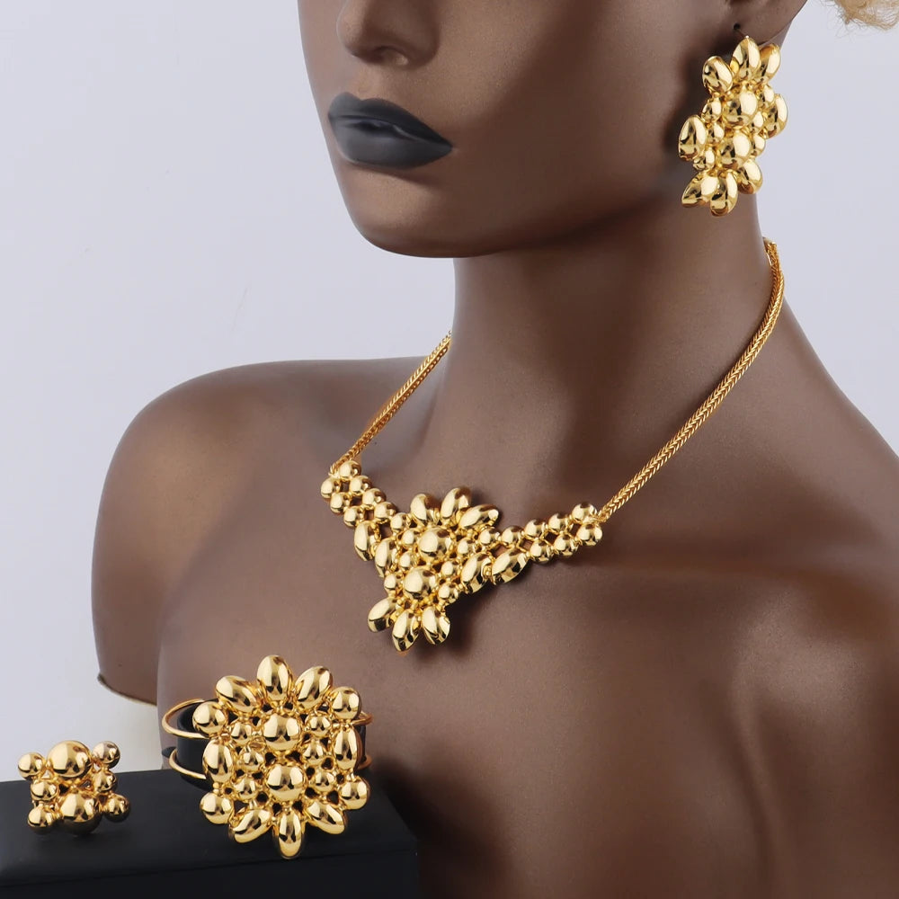 Dubai African Gold Plated Necklace Earrings Bracelet Ring Jewelry Set for Women Classic Gold Color Party Wedding Christmas Gift