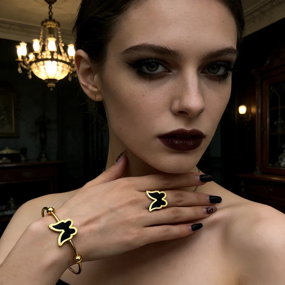 Stainless Steel Women's Gold Plated Bracelet Set, Gothic Ring Double Sided Black Butterfly Promotional Jewelry Set