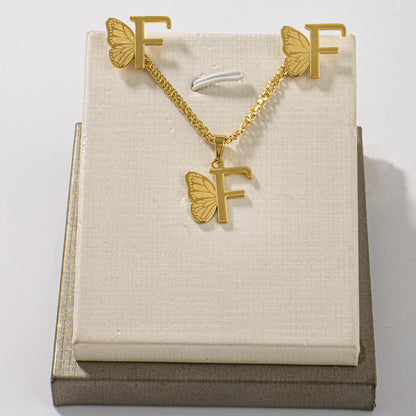 Dainty Butterfly Letters Earring necklace Stainless Steel Jewelry Set For italian Girl Wedding Summer Jewelry Gift