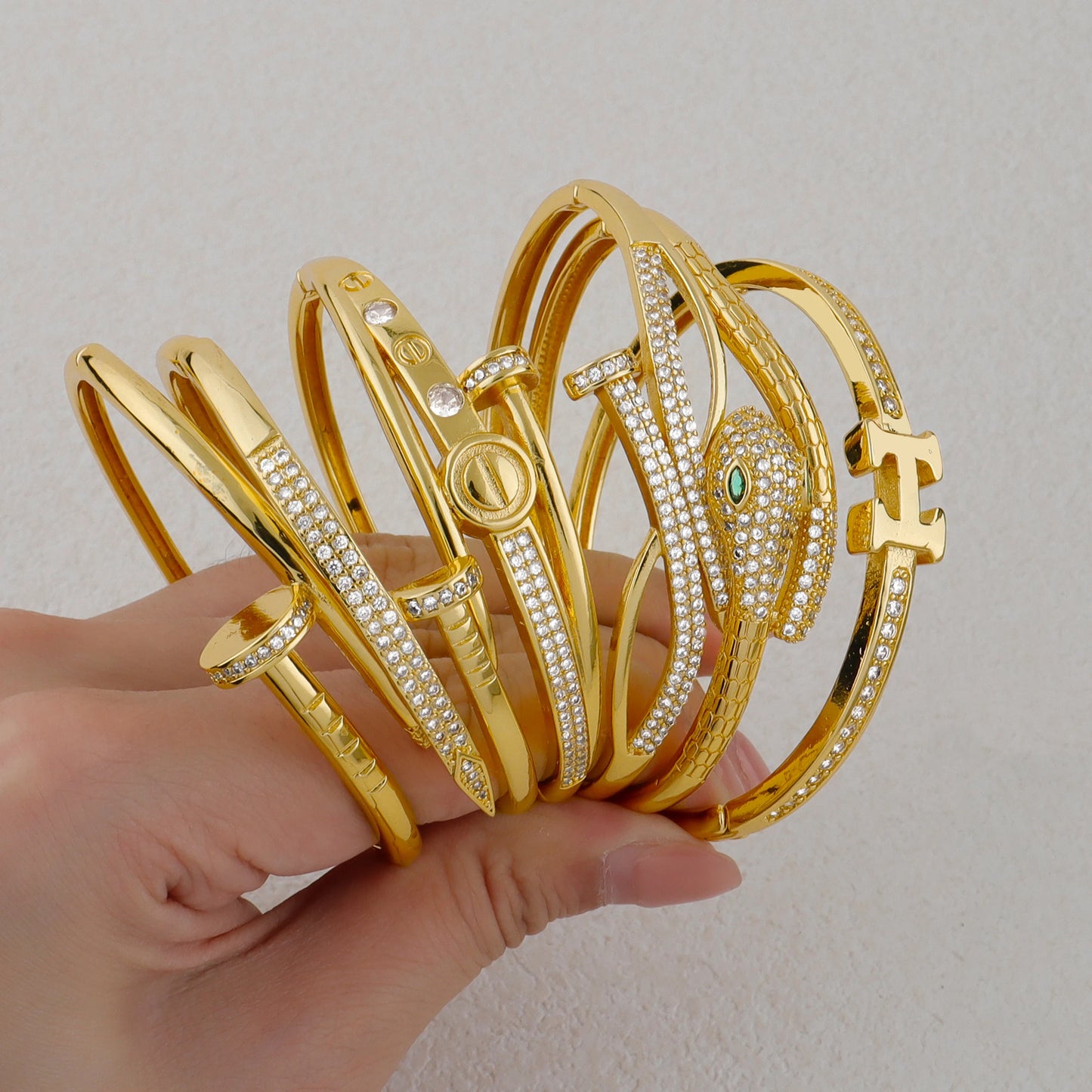 Handmade Golden Zircon Flower Bracelet with Sparkling Crystal Openwork Design Jewelry Set for Women Elegant Bangle Earring Acces
