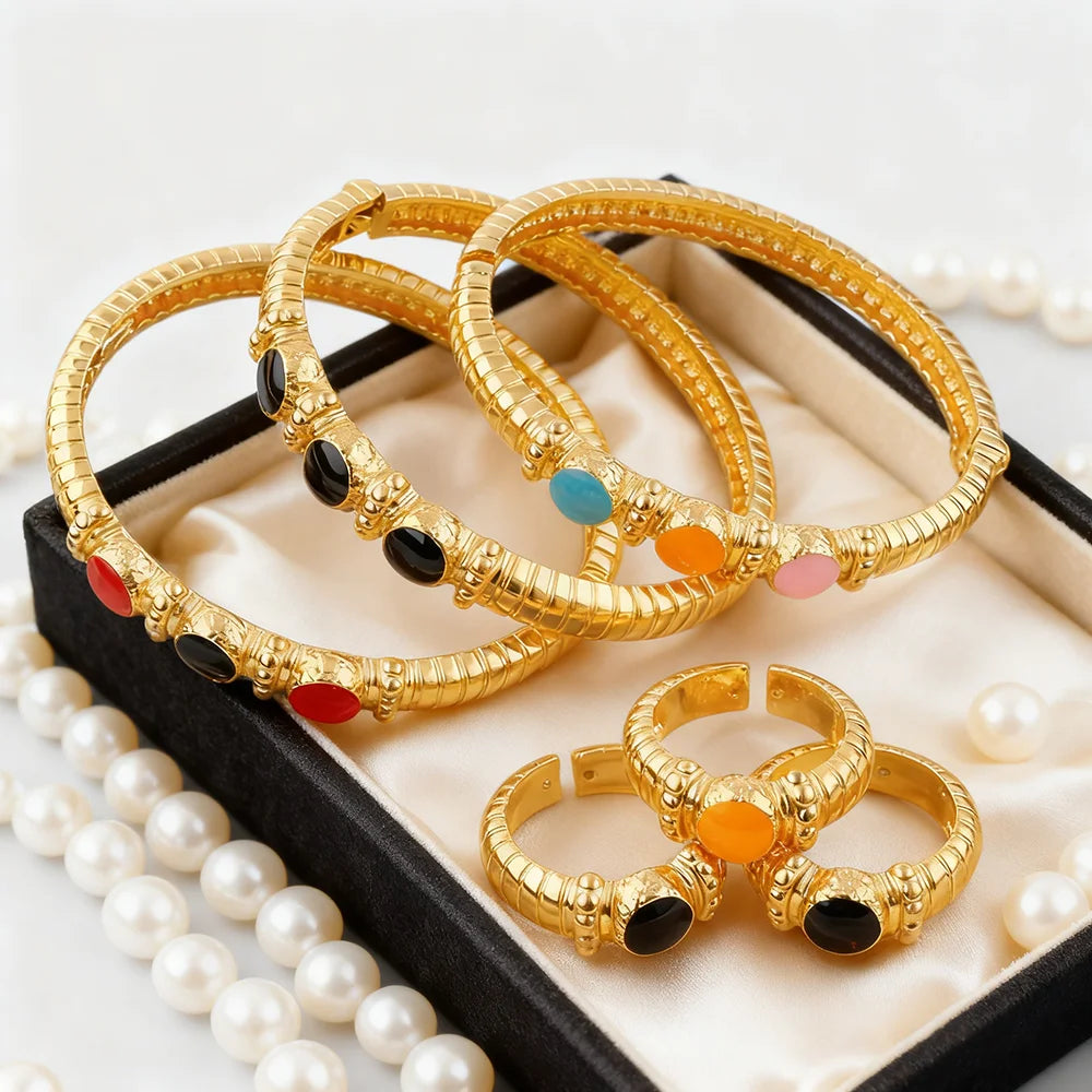 Fashion Multy Colors Personalized 18k gold plated ring and bracelet jewelry set daily wear High Temperament bracelets Girl Gift