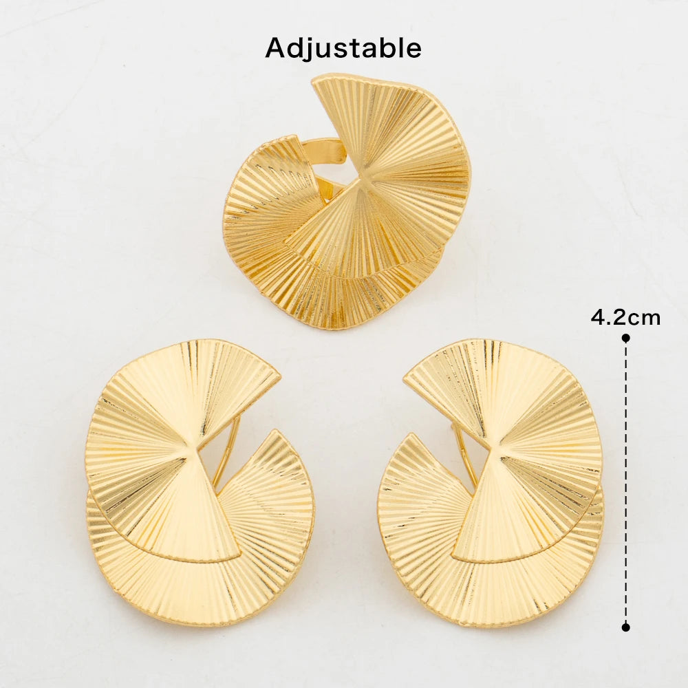 Gold Color Earrings and Finger Ring 2Pcs Set for African New Design Clip Earrings and Large Ring Set Daily Wear Bride Jewellery