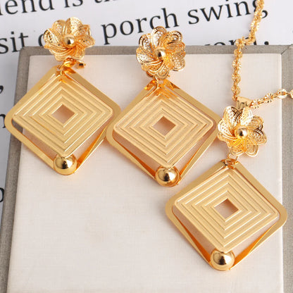African Gold Color Women Necklace and Earrings Trend Dubai Flower Hollow Out Jewelry Set Gift For Party Wedding Daily Accessorie