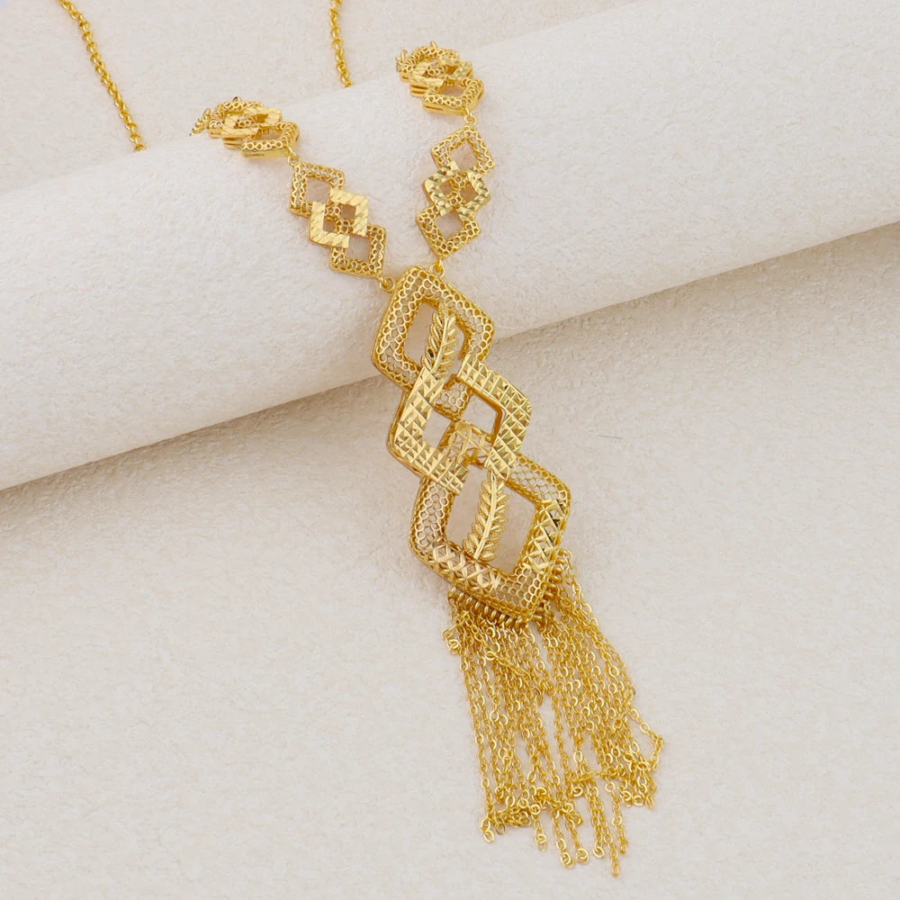 dubai style womens jewelry set 24K luxury Gold Color Long Necklace Set  Nigerian Party Bridal Wedding Necklace Earrings Set