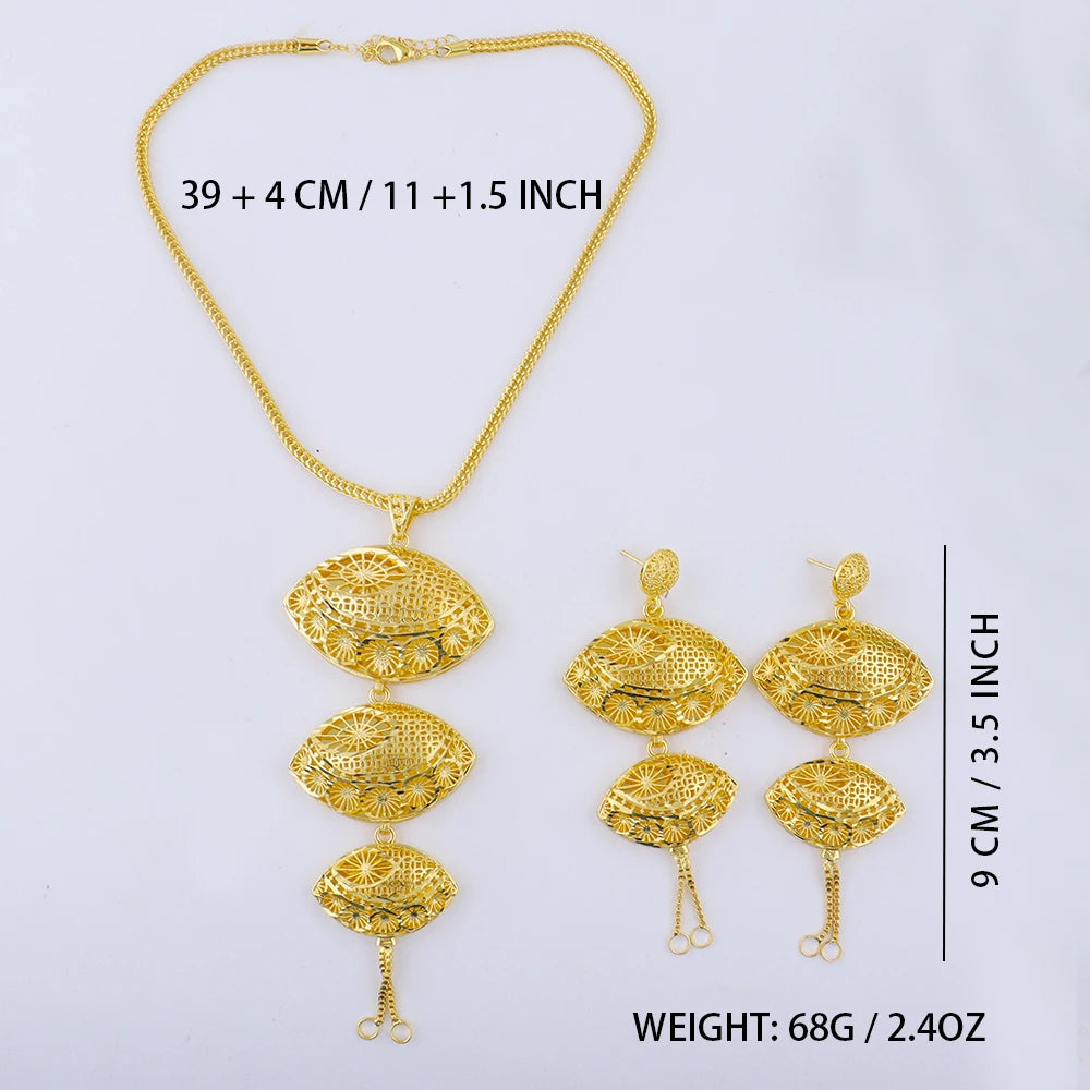 Dubai Hollow Design 18K Gold Plated Chain Necklace Charms Earrings for Women Jewelry Set for Daily Wear Party Wedding Gift