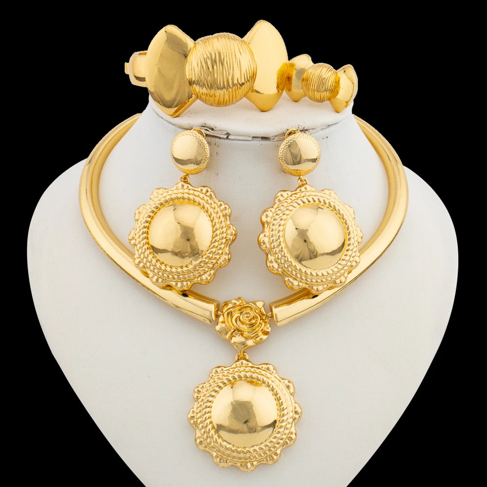 Romantic Gold Color Jewelry Set for Dubai Women Big Earrings and Necklace with Bangle Ring African Copper Gold Plated Jewelry