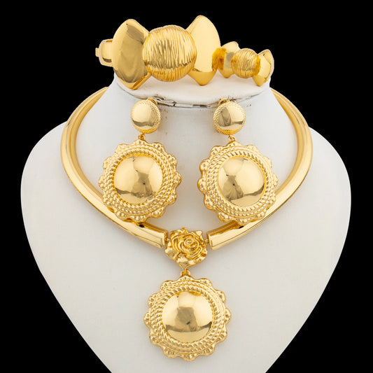 Romantic Gold Color Jewelry Set for Dubai Women Big Earrings and Necklace with Bangle Ring African Copper Gold Plated Jewelry
