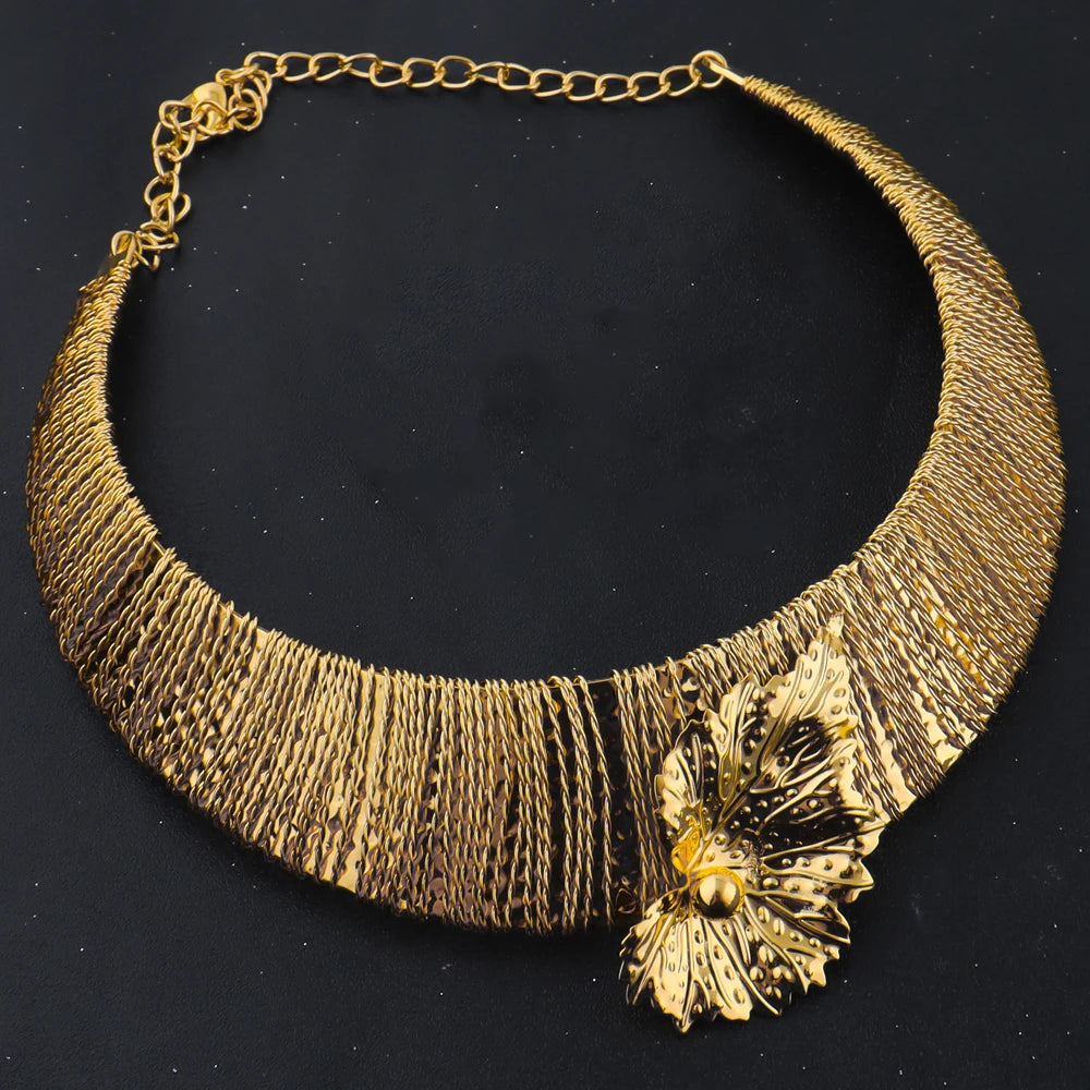 Dubai Women Jewelry Set Leaf Earrings Thick Collar Necklace Bangle Ring Cuba Gold Color Jewelry Gift For Wedding  Accessory