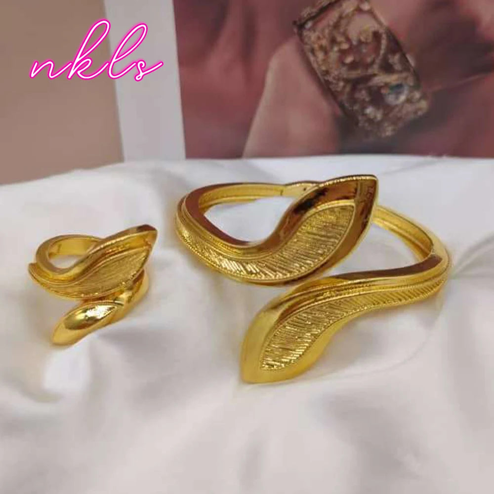 Dubai Copper Bracelet and Ring Set for Women, Tone Exquisite Jewelry Gift, Luxury Bangle Ensemble