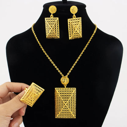 Boho Gold Plated Flower Jewelry Set Necklace Earrings Women Dubai Bridal Party Accessories