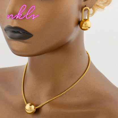 Plated Bead Pendant Necklace & Clip Earring Set for Women, Chic Daily Jewelry Sets, Trendy Banquet Accessories, Elegant