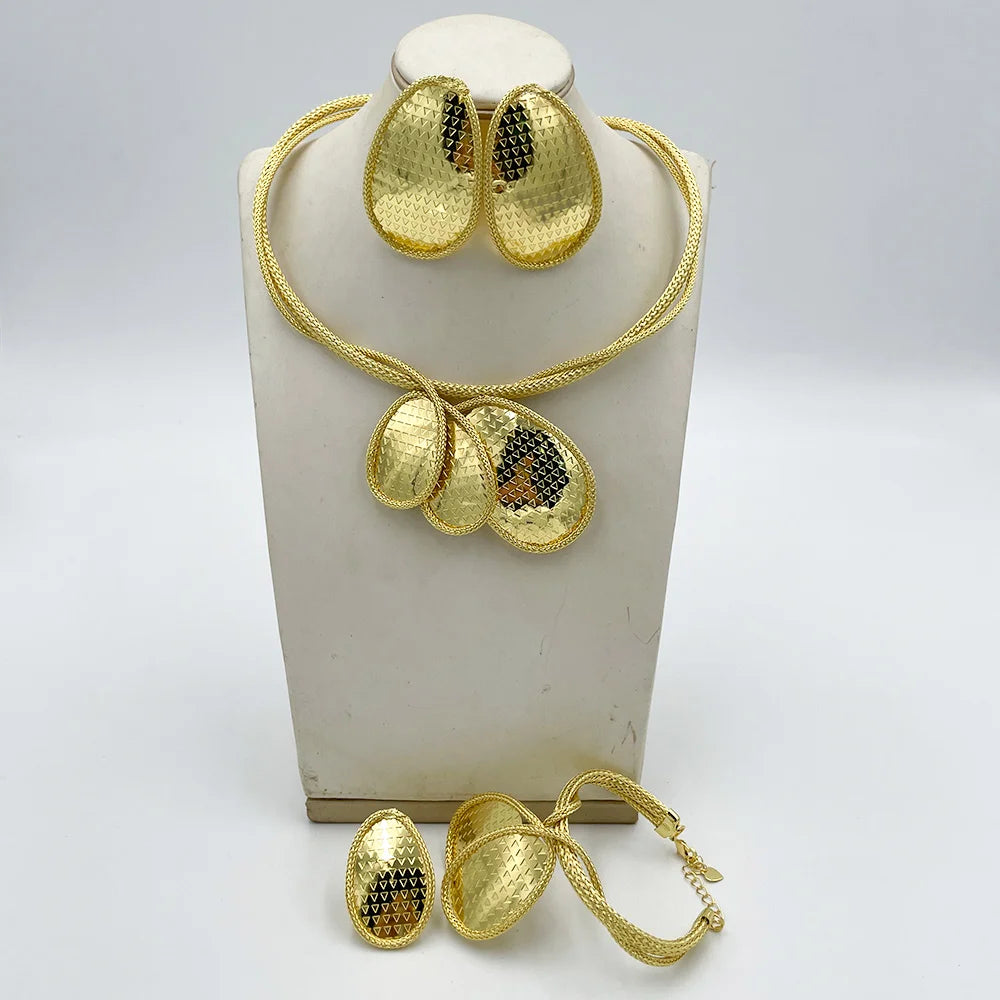 18k Gold Color Jewelry Set for Engagement African Pendant Necklace and Earrings Cuff Bracelet Ring Set for Women Jewelry Gifts
