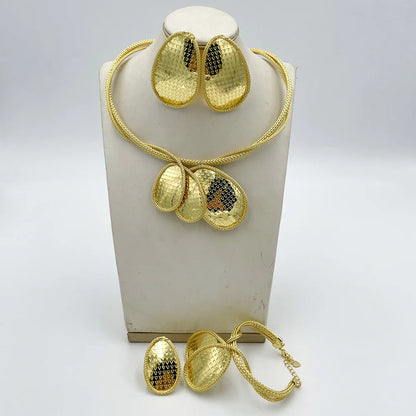 18k Gold Color Jewelry Set for Engagement African Pendant Necklace and Earrings Cuff Bracelet Ring Set for Women Jewelry Gifts