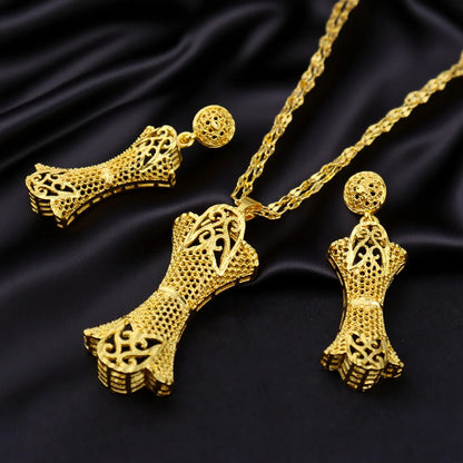 Dubai 24K Gold Plated Necklace Earrings Jewelry Set For Women African Indian Nigeria Bridal Wedding Party Gift Accessories