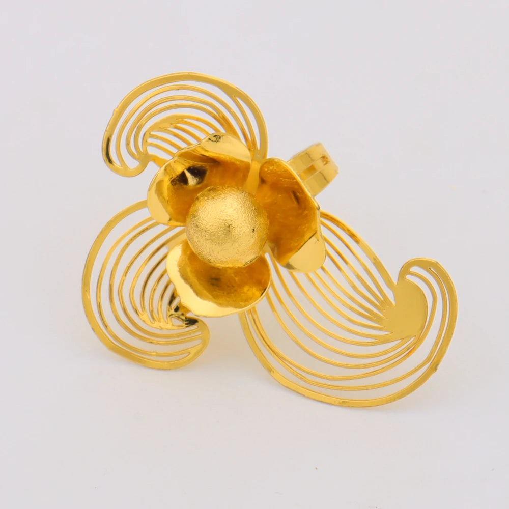 18K Gold Plated Vintage Flower Hollow Earrings & Ring Set, France Style Jewelry Gift for Women, Valentine's Day Party Accessorie