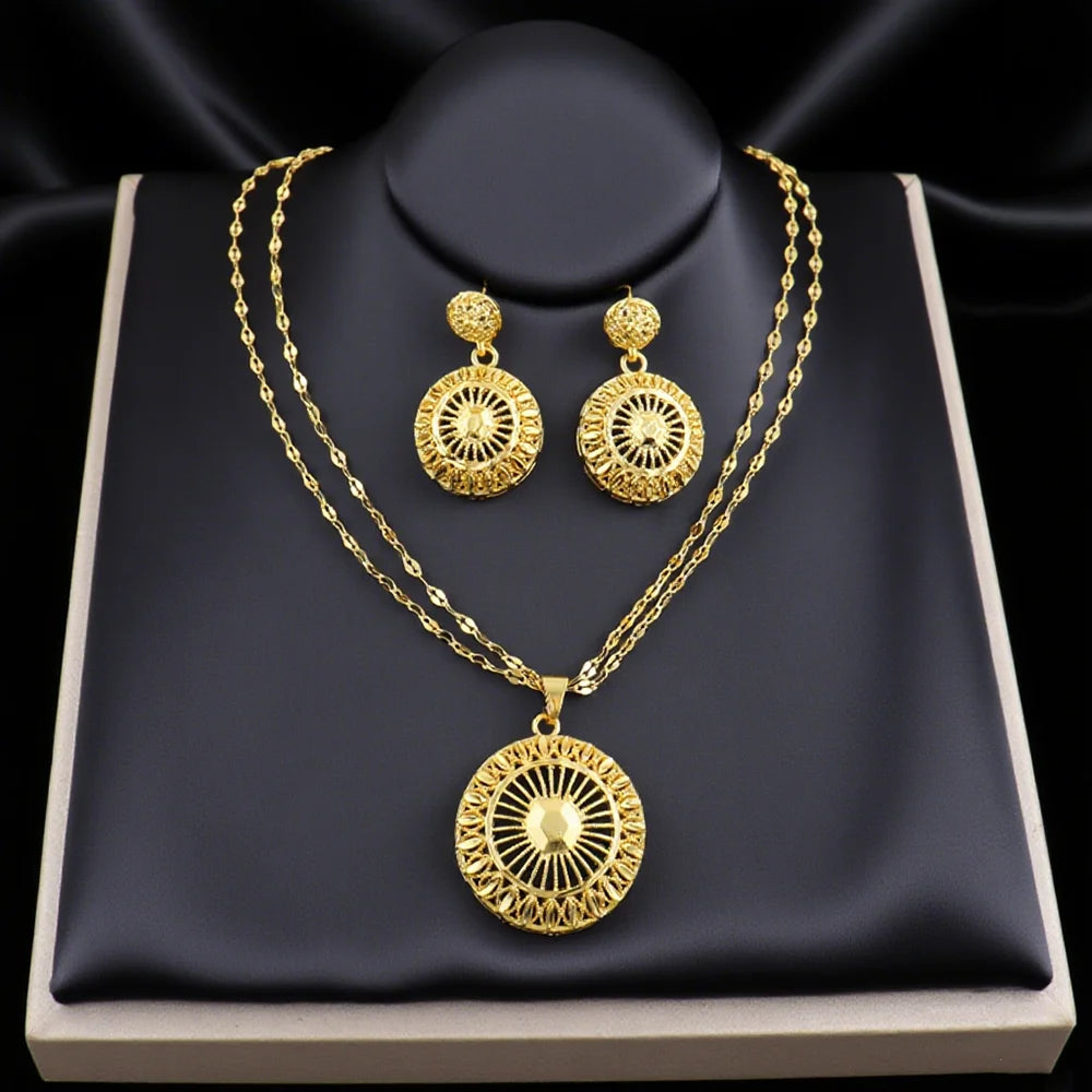 Dubai 24K Gold Color Warped Geometry Necklace Earrings Set For Women Two Piece Jewelry Wedding Party Gift Accessories Wholesale