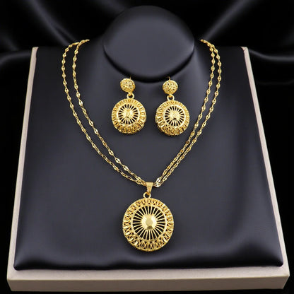 Dubai 24K Gold Color Warped Geometry Necklace Earrings Set For Women Two Piece Jewelry Wedding Party Gift Accessories Wholesale