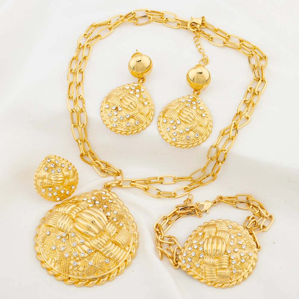 Nigeria Jewelry Sets for Wome Big Pendant Fashion Bridal Gold Color High Quality Necklace Earrings Bracelet Ring Party Jewellery