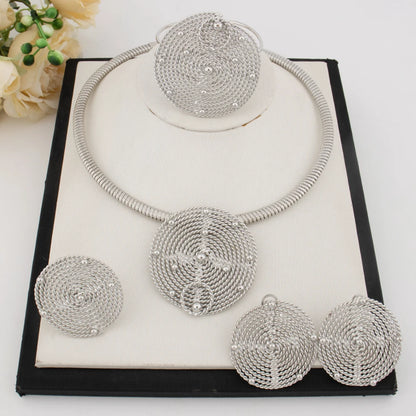 Large Round Earrings Collar Necklace Silver Color Bangle Ring Set for Women America Exaggerated Jewelry Set For Party Dressing