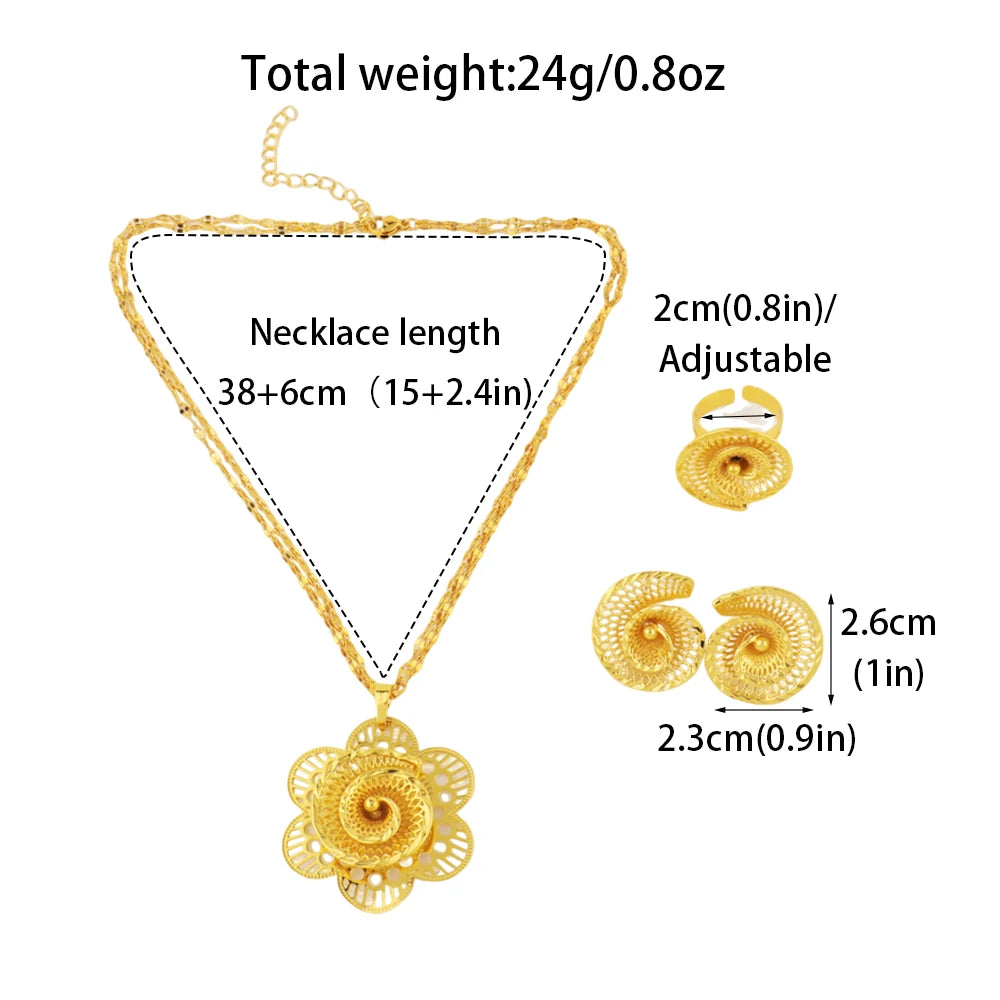 24K Yellow Gold Color  Flower Pendant Necklace Ring Earrings 3pcs Jewelry Set Middle Eastern Luxury Flower Copper Jewelry
