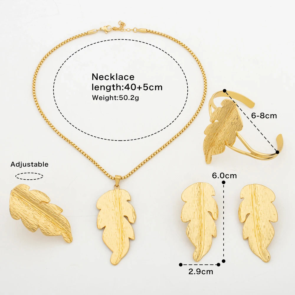 YM Jewelry Sets for Women Retro Leaf Pendant Temperament Necklace Gold Color Earrings Ring Party Gift Fashion Jewellry Accessory