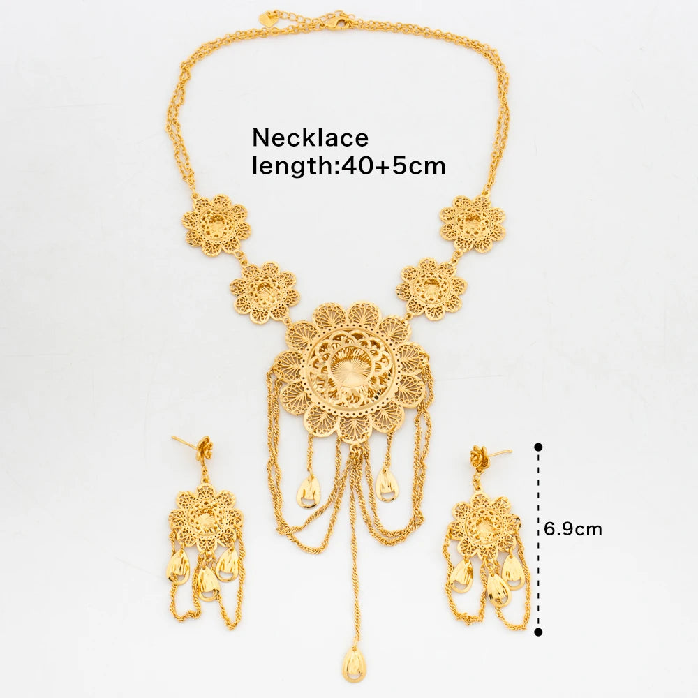 Ethiopian Earrings with Necklace Jewelry Set for Party 18k Gold Color Dangle Earrings Luxury Necklace Bride Set for Engagement