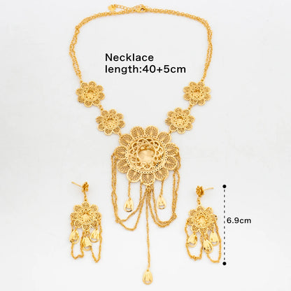 Ethiopian Earrings with Necklace Jewelry Set for Party 18k Gold Color Dangle Earrings Luxury Necklace Bride Set for Engagement