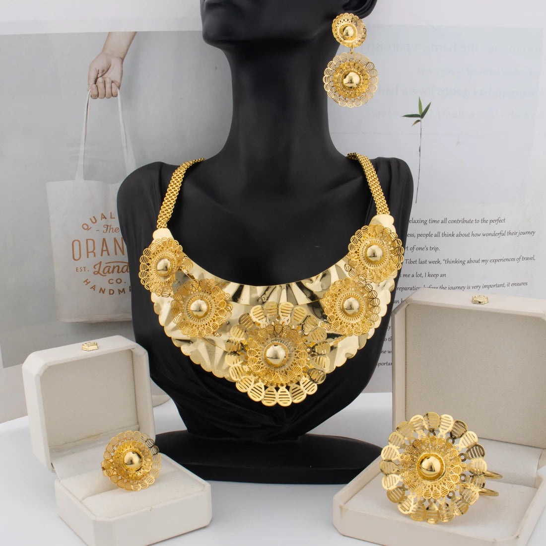 Tone African Floral Beaded Jewelry Set for Women – Flower Pendant Necklace, Ring & Bangle, Trendy Gift Earrings A