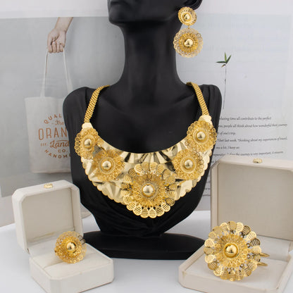 Tone African Floral Beaded Jewelry Set for Women – Flower Pendant Necklace, Ring & Bangle, Trendy Gift Earrings A