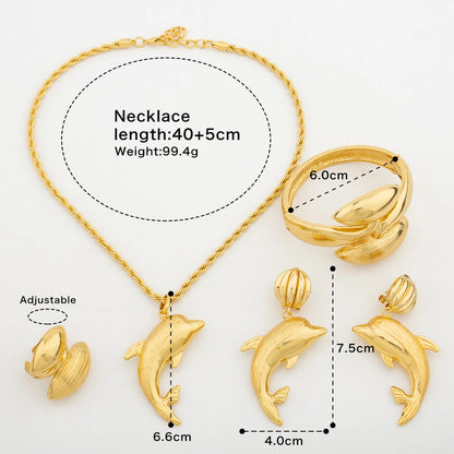 Trendy Dolphin Jewelry Sets Dubai Gold Color Drop Earrings for Women Charm Chain Bridal Necklace Bracelet Ring Wedding Jewellry