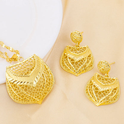 Fashion Dubai Jewelry Sets Gold Color Pendant Earrings Necklace Rings For Women Daily Wear Party Anniversary Gifts