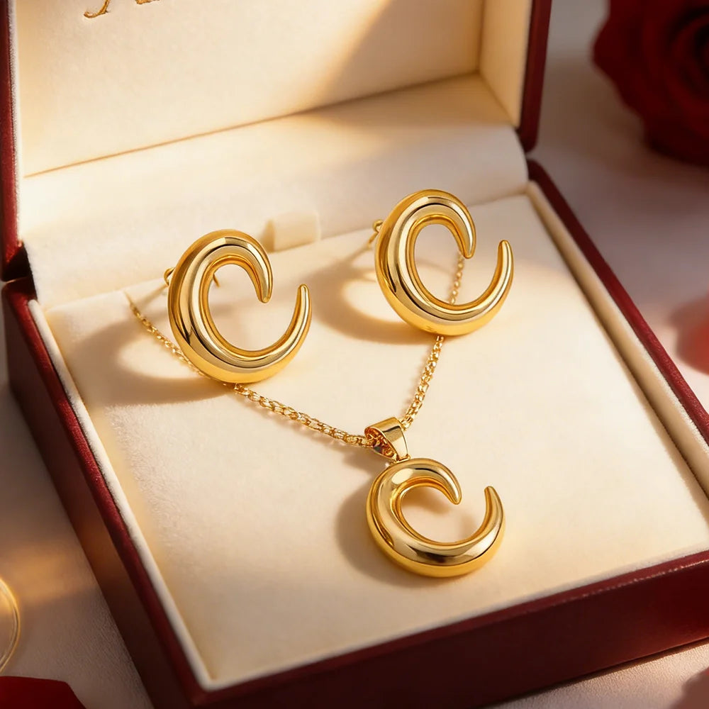 woman star necklace temperament 24k gold color stainless steel earring necklace Trendy Temperament Niche Spiral jewelry gift