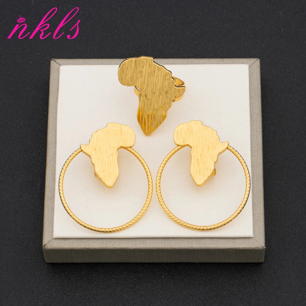 New Luxury Jewelry Set Bride Wedding Color African Map Hollow Design Human Head Earrings Ring 2Pcs Set Banquet Jewelry Gift