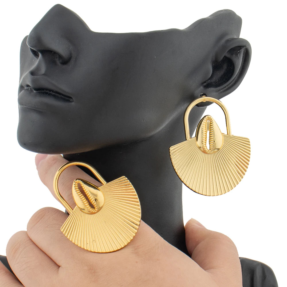Women's Large Design Fashion Jewelry Set Daily Wear Earrings And Finger Ring 2Pcs African Wedding Ear Accessories