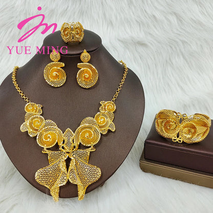 YM Gold Plated Jewelry Set for Women Copper Necklace Earrings Dubai African Party Bridal Wedding Gifts Arabic Cuff Bangles Rings