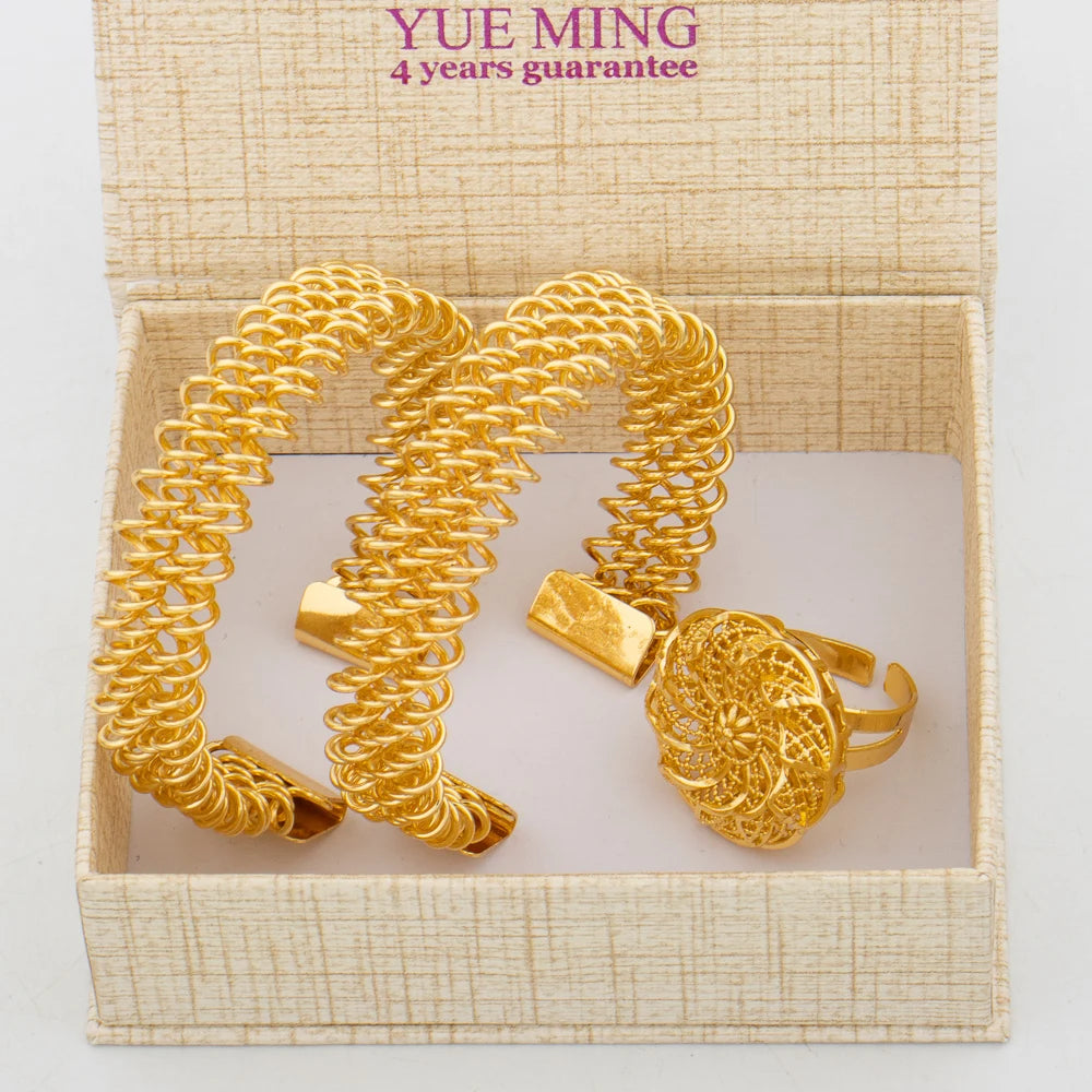 Dubai Trend Jewelry Set for Women, Gold Color Cuff Bangle with Ring, New Design, Beads Bracelet, Wedding Accessories, Bridal Jew
