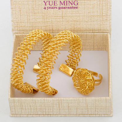 Dubai Trend Jewelry Set for Women, Gold Color Cuff Bangle with Ring, New Design, Beads Bracelet, Wedding Accessories, Bridal Jew