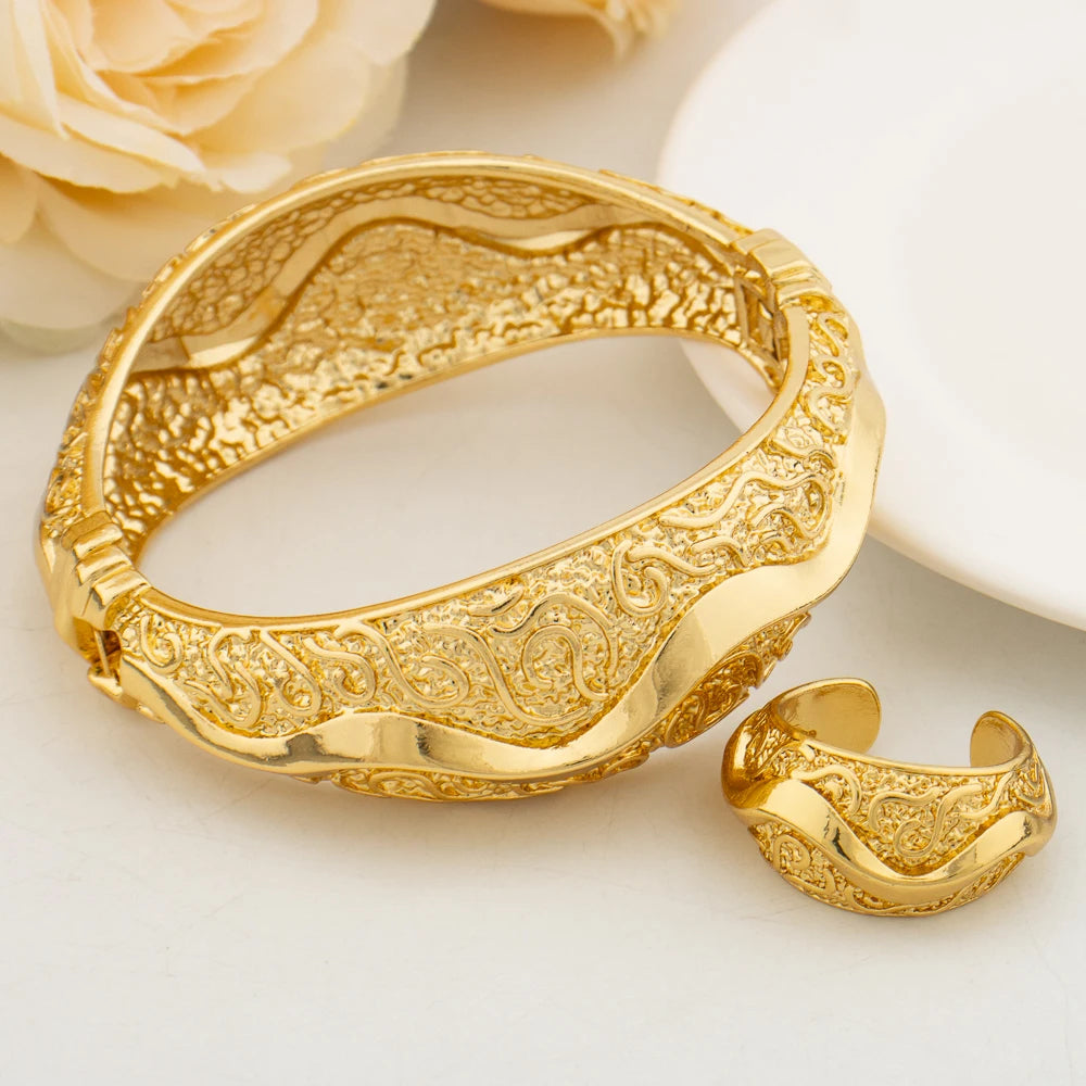 Luxury Gold Color Bangles Ring for Women African Charm Bracelets Wedding Jewellery Elegant Hand Jewelry Party Anniversary Gifts