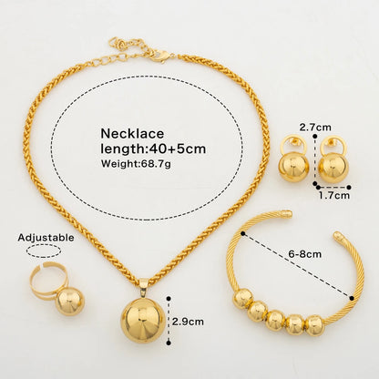 4PCS Jewelry Sets for Women Gold Plated Round Beads Pendant Drop Earrings Cuff Bangles Ring Wedding Jewellery Anniversary Gifts