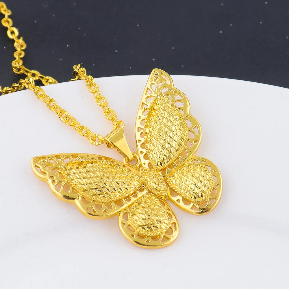 18K Gold Plated Hollow Out Butterfly Necklace Earring Set For Women Charm New Fashion Nigerian Indian Bridal Party Jewelry Gifts