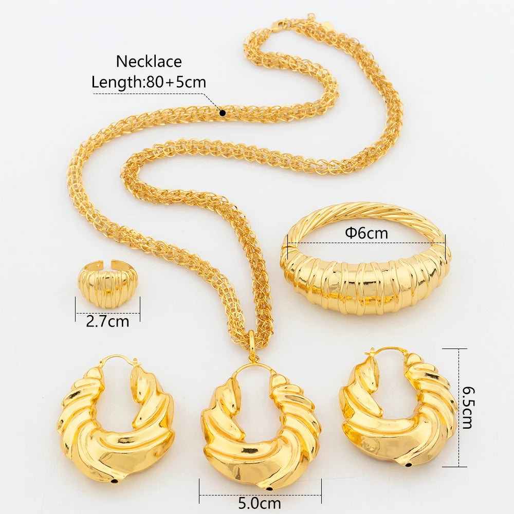 YM Gold Plated Jewelry Sets for Women 80CM Chain African Bridal Wedding Gift Party Necklace Big Earrings Ring Bracelet Jewellery - YUEMING JEWELRY