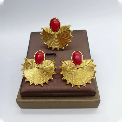 gold dubai jewelry set Gold Color Earrings Ring Set for Women Indian Luxury Earrings Ring Turkish Wedding Bride Design Jewelry