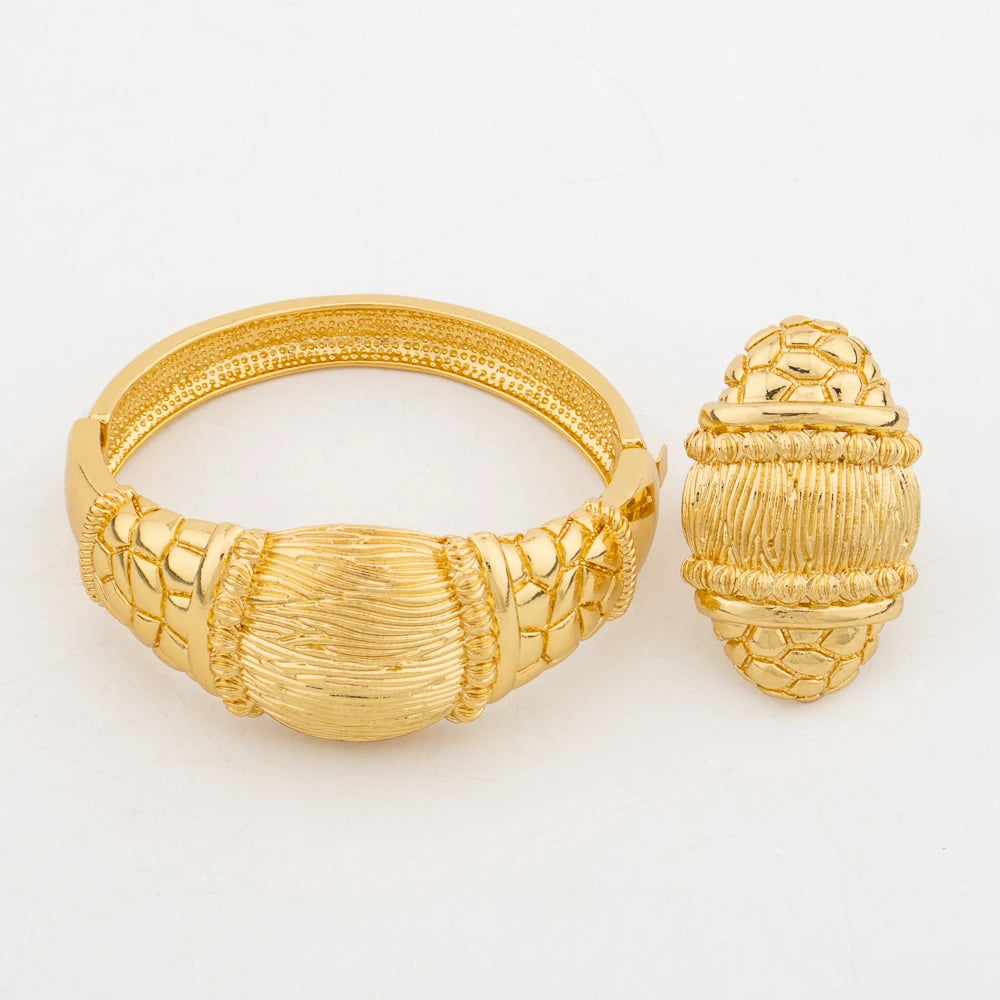 Trend Bridal Jewelry Set for Women Dangle Earrings and Pendant Necklace Gold Color Bangle Ring Set for Engagement Party Jewelry