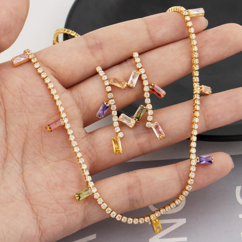 Italy Bohemia Square Zircon Jewelry Set, Elegant France Style Earrings & Necklace Gift for Women Party Dating Jewellery