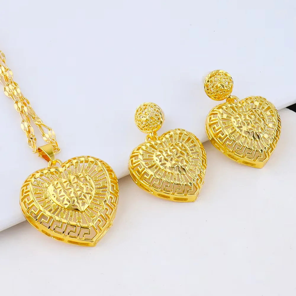 Dubai Heart Shape Necklace Earrings 24K Gold Plated Jewelry Set Women African Indian Nigerian Bride Wedding Party Gift Jewelry