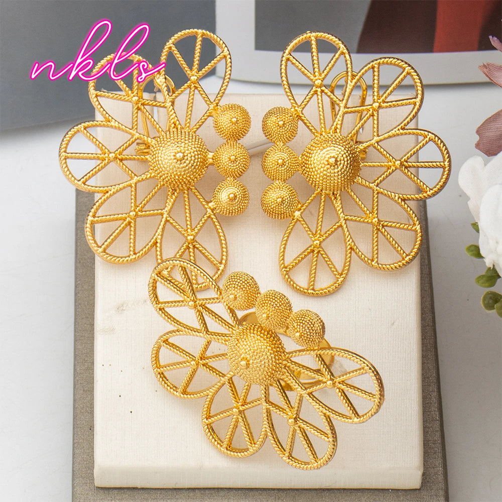 Dubai Copper Jewelry Set for Women Brazilian Gold Color Clip Earrings and Ring Set Weddings Party Accessories Jewellery Gifts