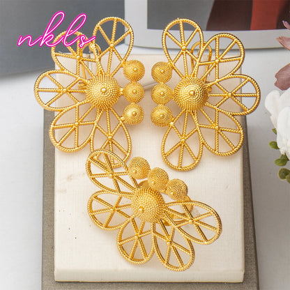 Dubai Copper Jewelry Set for Women Brazilian Gold Color Clip Earrings and Ring Set Weddings Party Accessories Jewellery Gifts