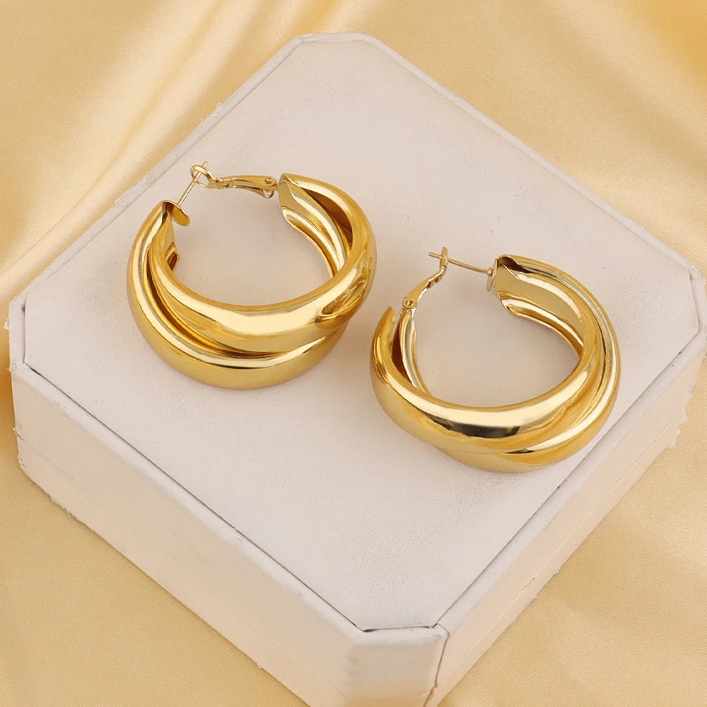 Fashion Glossy Stainless Steel Earrings Vintage Double Layered Circle Exaggerated Earrings for Women Gold Plated Earring