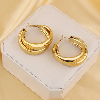 Fashion Glossy Stainless Steel Earrings Vintage Double Layered Circle Exaggerated Earrings for Women Gold Plated Earring
