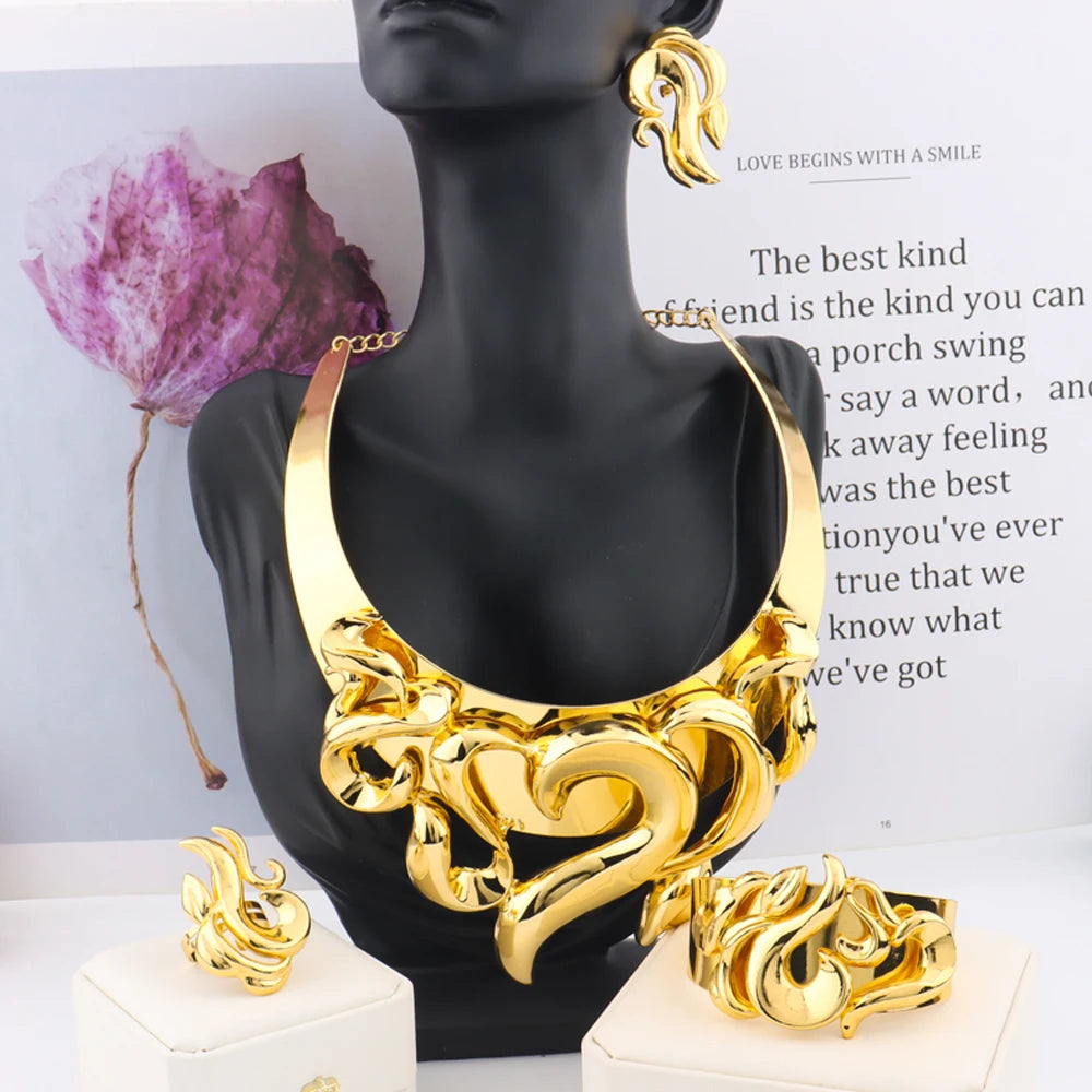 Elegant Wedding Jewelry Set for Women Gold Plated Necklace Copper Color Earrings Bracelet Ring African Bridal Party Gift Jewelle